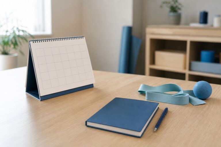 Calendrier et matériel de rééducation sur un bureau médical