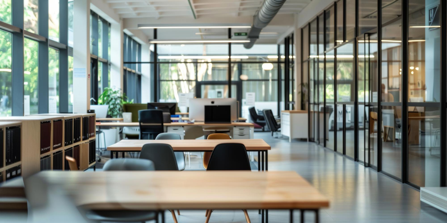 Un grand espace de bureau ouvert avec des tables et des chaises en bois